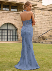 Open Back Halter V-Neck Lace Corset Mermaid Maxi Dress With Beading Slit