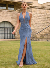 Open Back Halter V-Neck Lace Corset Mermaid Maxi Dress With Beading Slit