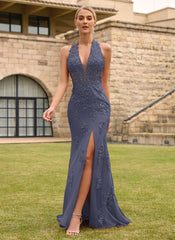 Open Back Halter V-Neck Lace Corset Mermaid Maxi Dress With Beading Slit