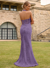 Open Back Halter V-Neck Lace Corset Mermaid Maxi Dress With Beading Slit