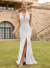 Open Back Halter V-Neck Lace Corset Mermaid Maxi Dress With Beading Slit
