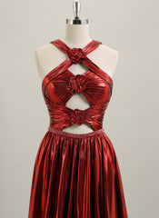 A-line Sleeveless Sweep Train Metallic Maxi Dress With Rhinestone