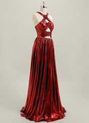 A-line Sleeveless Sweep Train Metallic Maxi Dress With Rhinestone