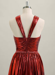 A-line Sleeveless Sweep Train Metallic Maxi Dress With Rhinestone