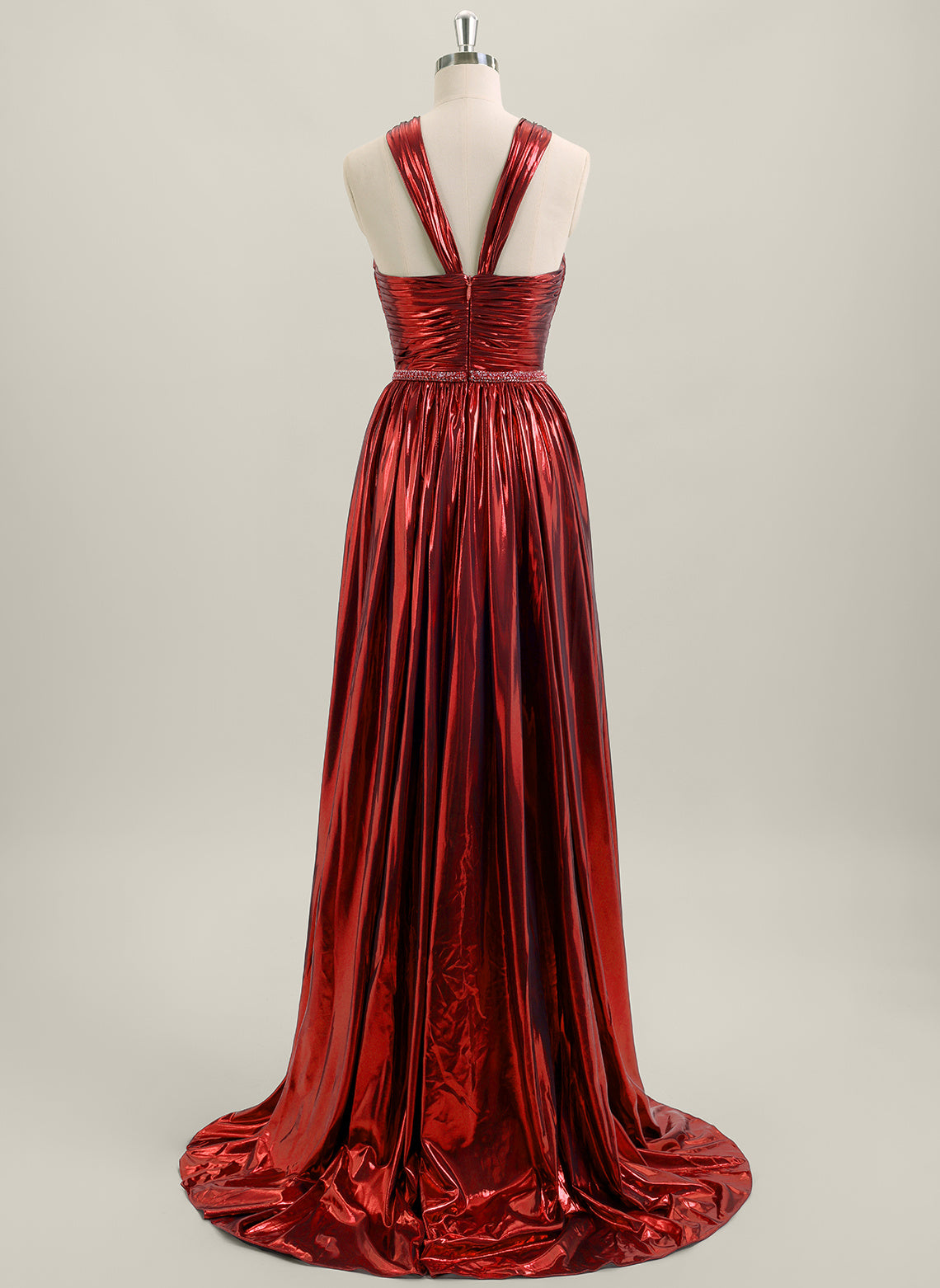 A-line Sleeveless Sweep Train Metallic Maxi Dress With Rhinestone