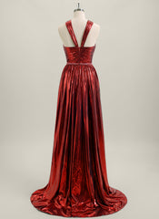 A-line Sleeveless Sweep Train Metallic Maxi Dress With Rhinestone
