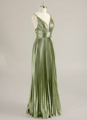 A-line V-Neck Floor-Length Jersey Prom Dresses With Pleated