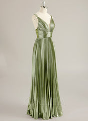A-line V-Neck Floor-Length Jersey Prom Dresses With Pleated