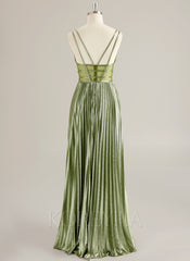 A-line V-Neck Floor-Length Jersey Prom Dresses With Pleated
