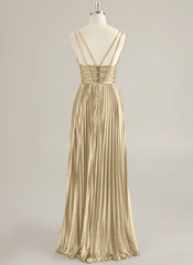 A-line V-Neck Floor-Length Jersey Prom Dresses With Pleated