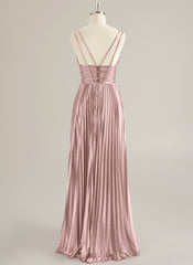 A-line V-Neck Floor-Length Jersey Prom Dresses With Pleated