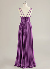 A-line V-Neck Floor-Length Jersey Prom Dresses With Pleated
