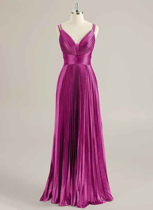 A-line V-Neck Floor-Length Jersey Prom Dresses With Pleated