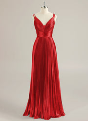 A-line V-Neck Floor-Length Jersey Prom Dresses With Pleated