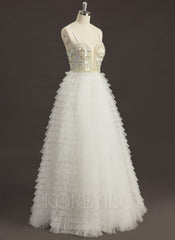 Ball-Gown/Princess Sweetheart V-Neck Sweep Train Tulle Prom Dresses With Rhinestone Sequins Beading