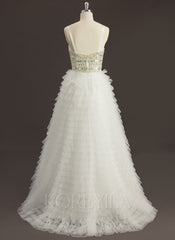 Ball-Gown/Princess Sweetheart V-Neck Sweep Train Tulle Prom Dresses With Rhinestone Sequins Beading