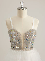 Ball-Gown/Princess Sweetheart V-Neck Sweep Train Tulle Prom Dresses With Rhinestone Sequins Beading