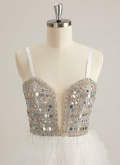 Ball-Gown/Princess Sweetheart V-Neck Sweep Train Tulle Prom Dresses With Rhinestone Sequins Beading