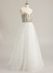 Ball-Gown/Princess Sweetheart V-Neck Sweep Train Tulle Prom Dresses With Rhinestone Sequins Beading