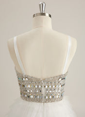 Ball-Gown/Princess Sweetheart V-Neck Sweep Train Tulle Prom Dresses With Rhinestone Sequins Beading
