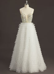 Ball-Gown/Princess Sweetheart V-Neck Sweep Train Tulle Prom Dresses With Rhinestone Sequins Beading