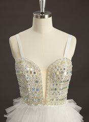 Ball-Gown/Princess Sweetheart V-Neck Sweep Train Tulle Prom Dresses With Rhinestone Sequins Beading