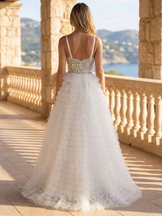 Ball-Gown/Princess Sweetheart V-Neck Sweep Train Tulle Prom Dresses With Rhinestone Sequins Beading