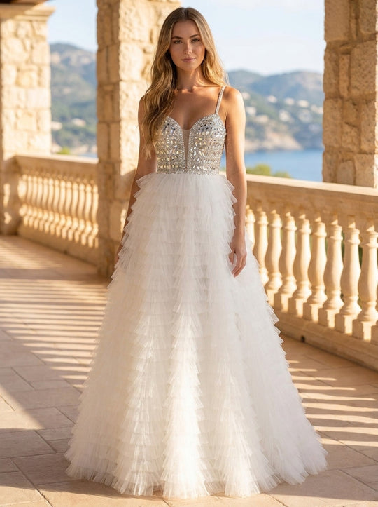 Ball-Gown/Princess Sweetheart V-Neck Sweep Train Tulle Prom Dresses With Rhinestone Sequins Beading