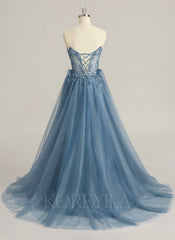 Ball-Gown/Princess V-Neck Sweep Train Tulle Prom Dresses With Beading Sequins