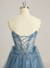 Ball-Gown/Princess V-Neck Sweep Train Tulle Prom Dresses With Beading Sequins