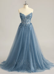 Ball-Gown/Princess V-Neck Sweep Train Tulle Prom Dresses With Beading Sequins