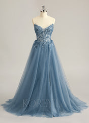 Ball-Gown/Princess V-Neck Sweep Train Tulle Prom Dresses With Beading Sequins