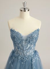 Ball-Gown/Princess V-Neck Sweep Train Tulle Prom Dresses With Beading Sequins