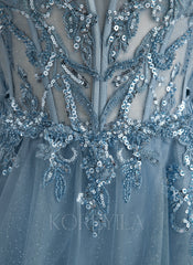 Ball-Gown/Princess V-Neck Sweep Train Tulle Prom Dresses With Beading Sequins