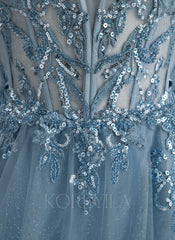 Ball-Gown/Princess V-Neck Sweep Train Tulle Prom Dresses With Beading Sequins