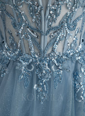 Ball-Gown/Princess V-Neck Sweep Train Tulle Prom Dresses With Beading Sequins
