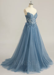 Ball-Gown/Princess V-Neck Sweep Train Tulle Prom Dresses With Beading Sequins