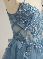 Ball-Gown/Princess V-Neck Sweep Train Tulle Prom Dresses With Beading Sequins