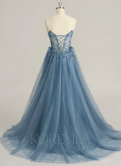 Ball-Gown/Princess V-Neck Sweep Train Tulle Prom Dresses With Beading Sequins