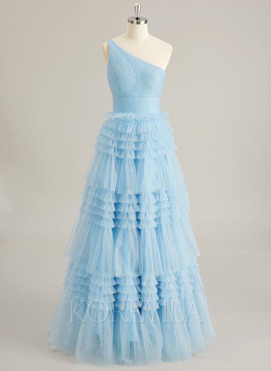 Ball-Gown/Princess One Shoulder Floor-Length Tulle Prom Dresses With Ruffle