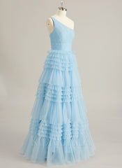 Ball-Gown/Princess One Shoulder Floor-Length Tulle Prom Dresses With Ruffle