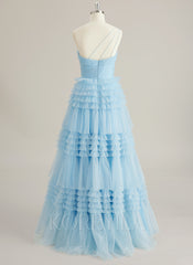 Ball-Gown/Princess One Shoulder Floor-Length Tulle Prom Dresses With Ruffle