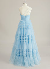 Ball-Gown/Princess One Shoulder Floor-Length Tulle Prom Dresses With Ruffle