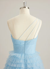 Ball-Gown/Princess One Shoulder Floor-Length Tulle Prom Dresses With Ruffle