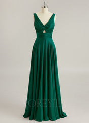 A-line V-Neck Floor-Length Silky Satin Prom Dresses With Pleated
