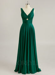 A-line V-Neck Floor-Length Silky Satin Prom Dresses With Pleated