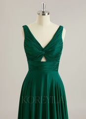 A-line V-Neck Floor-Length Silky Satin Prom Dresses With Pleated