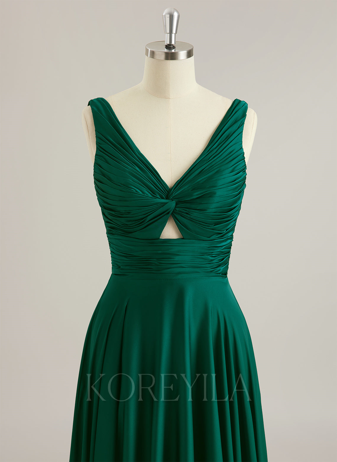 A-line V-Neck Floor-Length Silky Satin Prom Dresses With Pleated