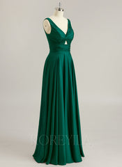 A-line V-Neck Floor-Length Silky Satin Prom Dresses With Pleated