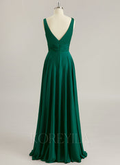 A-line V-Neck Floor-Length Silky Satin Prom Dresses With Pleated